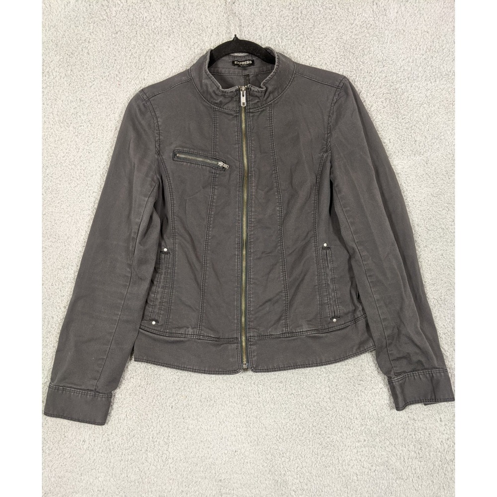 Express Moto Jacket Womens 8 Gray Cotton Stretch Mock Neck Full Zip Biker Rocker